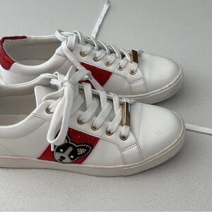 Aldo White Leather Sneakers with Red Glitter Stripe and Embroidered Dog